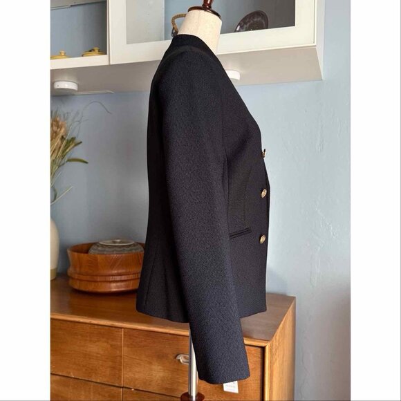 Calvin Klein Textured Open Front Jacket Gold Button Blazer Dark Navy Blue Sz 6 - Picture 4 of 8